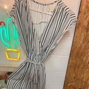 Striped Blouse Jumpsuit with Waist Tie